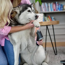 Vacuum attachment used to clean a dog’s paw, held by a person with blue ring