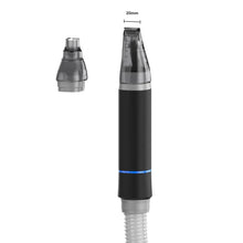Black vacuum attachment handle with clear nozzle top, blue ring, and ribbed hose