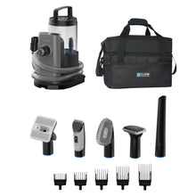 Pet grooming vacuum kit with carry case, gray canister, and tool heads
