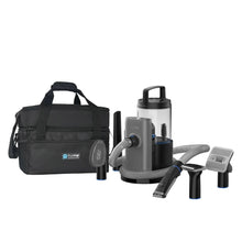 Pet grooming vacuum kit with black carry case and gray hose tools