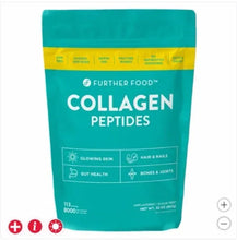 Collagen peptides powder bag, teal front with Further Food logo and health icons