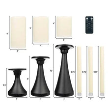Diagram of candle holder set sizes with black holders and taper candles