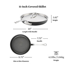 11-inch covered skillet diagram with lid, long handle, and loop grip