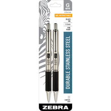 Retractable gel pens, stainless steel barrel, black ink, fine 0.5 mm, 2-count