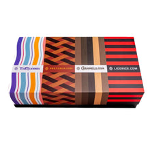 G.O.A.T. FOODS candy gift box with striped flavor panels on the lid