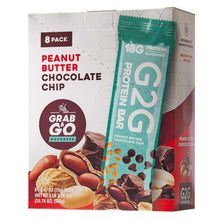 Protein bar 8-pack carton with teal 18g wrapper, peanut butter chocolate chip
