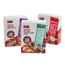 Assorted Grab & Go G2G protein bar multipack boxes with teal, red, and purple bags