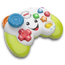 White learning controller with green sides, purple handle, and colorful letter buttons