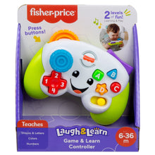 Learning controller toy in retail box with green body, purple sides, and colorful buttons