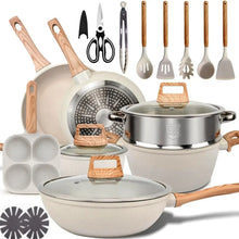 Nonstick cookware set with pots, frying pan, and tools, wood handles