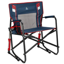 Oversized foldable rocking camp chair with blue fabric, red trim, black steel frame