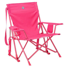 Bright pink foldable rocking camp chair with mesh cup holder and carrying strap