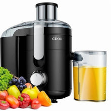 Black centrifugal juicer with dual-speed dial, 2.5 in feed chute, and clear pulp container.