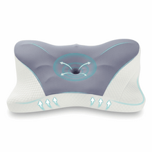 Dark gray contoured cervical memory foam pillow with cooling cover and teal support lines.