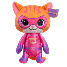 15-inch plush cat toy with character badge on side, large eyes, pink superhero suit