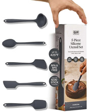 Charcoal silicone kitchen utensil set with ladle, spatula, turner, and spoon