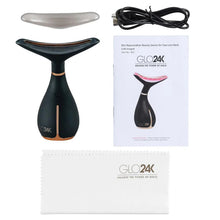 Face and neck massage device kit with power cable, manual, and storage cloth