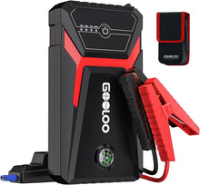Black and red portable car jump starter with red clamp cables and side ports