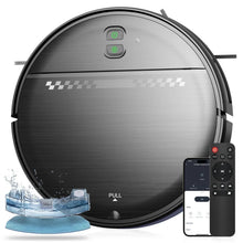 Black robot vacuum with mop pad attachment and two top indicator lights