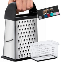 Black and stainless steel box grater with shred holes and attached handle
