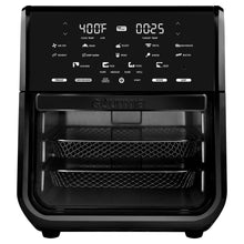 Black air fryer oven with digital touch control panel and open door showing wire racks