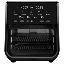 Black air fryer oven front view with open door and two wire racks inside