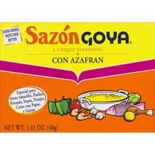 GOYA Sazón con Azafran seasoning mix box, front panel close-up