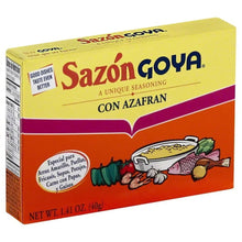 GOYA Sazón con Azafran seasoning mix box, front with recipe icons