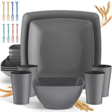 Gray wheat straw square dinnerware set with square plates, bowls, and stackable cups