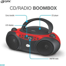 Red CD boombox with LED display, carry handle, and AM/FM radio