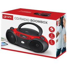 Red CD/radio boombox on retail box with black handle and speakers