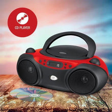 Red CD boombox with top handle, central control panel, and dual front speakers