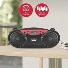 Compact red CD boombox with dual speakers and top handle