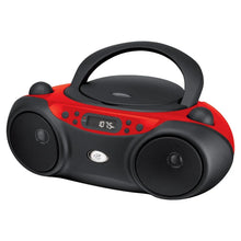 Red and black CD boombox radio with carry handle and dual speakers