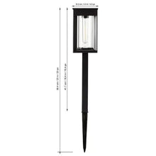 Black solar pathway lantern light on a ground stake, side view with height marking