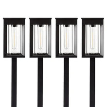 Set of 4 black solar pathway lantern lights with clear glass panels, front view