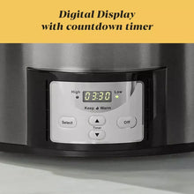 Close-up of slow cooker digital control display with timer and settings buttons