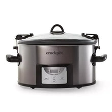 Stainless steel programmable slow cooker with black locking lid and side handles