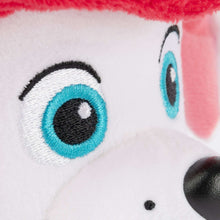 Plush toy close-up with bright blue embroidered eye and white muzzle fur