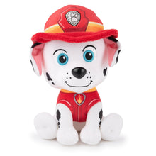 Firefighter uniform plush dog with red hat and suit, blue eyes, and white paws
