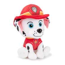 Firefighter uniform plush dog with red hat and red suit, front view, blue eyes
