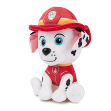 Firefighter uniform plush dog with red hat and red suit, sitting with white paws
