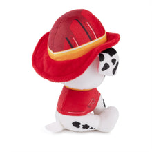 Firefighter uniform plush dog in red hat and red suit, side view
