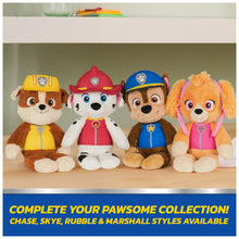 Chase take-along buddy plush among several Paw Patrol plush figures on a shelf