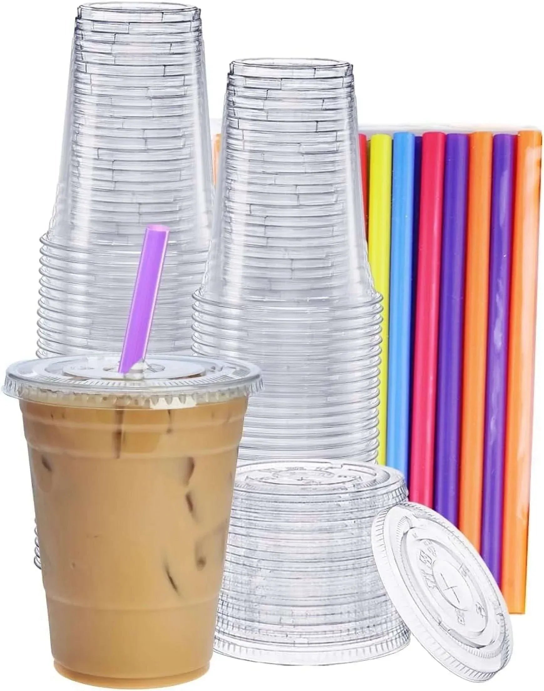 GUSTO Clear Plastic Cups 12 oz Disposable Coffee Cups with Lids, 50-Pack