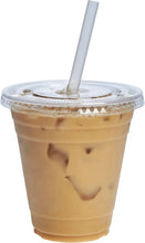12 oz clear plastic disposable coffee cup with domed lid and white straw