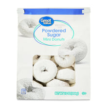 Powdered sugar mini donuts bag with frosted mini ring donuts inside