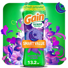 Green Gain scent booster bottle with purple flower design, 13.2 oz size.