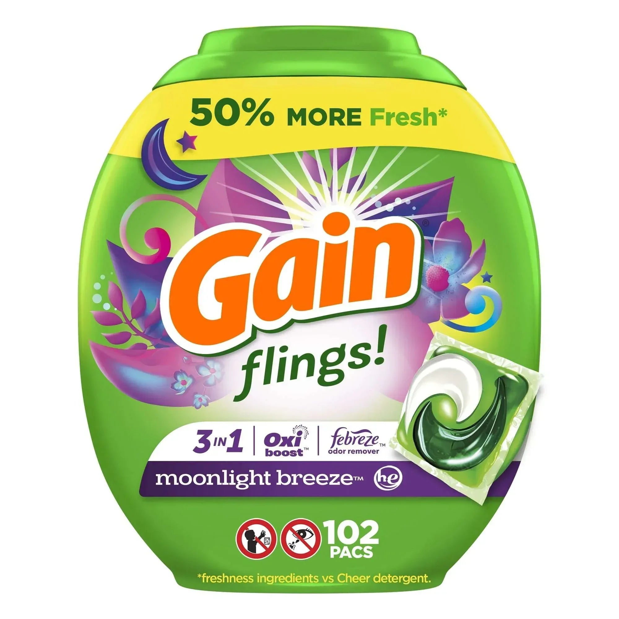 Gain Flings 3-in-1 Oxi Boost and Febreze Laundry Detergent Pacs, Moonlight Breeze Scent, 31 Count