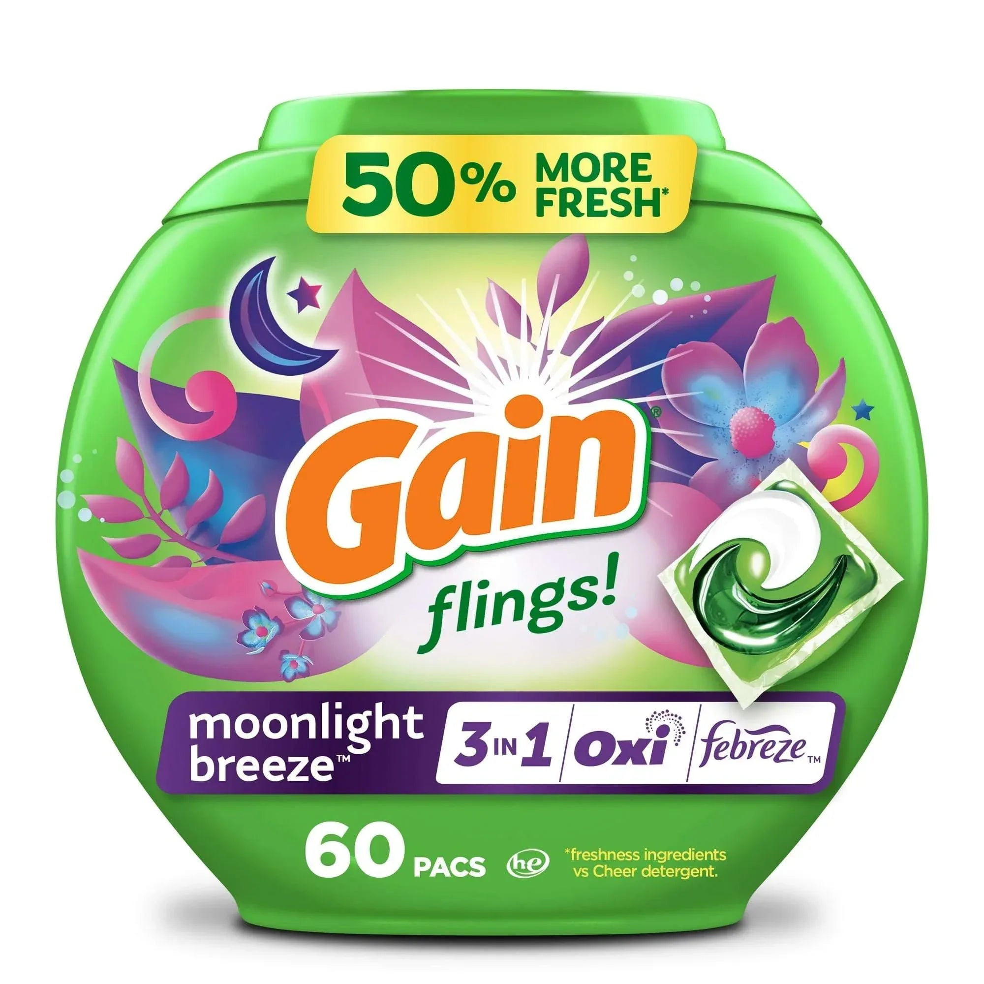 Gain Flings 3-in-1 Oxi Boost and Febreze Laundry Detergent Pacs, Moonlight Breeze Scent, 31 Count - USA MEGA SHOP
